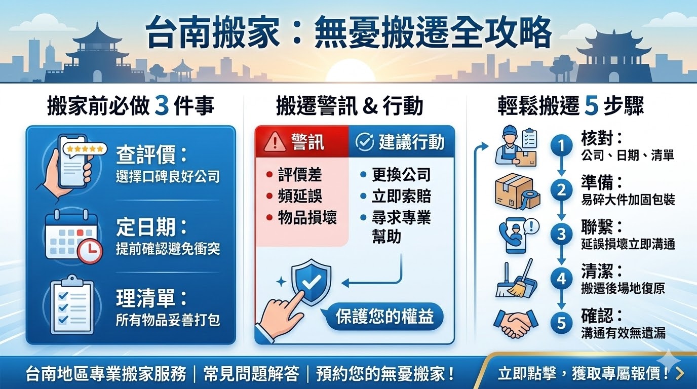 台南搬家是一個需要周密計劃和準備的過程，無論是搬遷至新家還是辦公室，都需要選擇可靠的搬家公司來確保順利完成。從搬家公司的選擇、物品打包、搬遷時間安排，到處理突發問題，每一個步驟都至關重要。本文提供了台南搬家的詳細指南，幫助您解決搬遷過程中的各種問題，讓您輕鬆應對搬家挑戰。