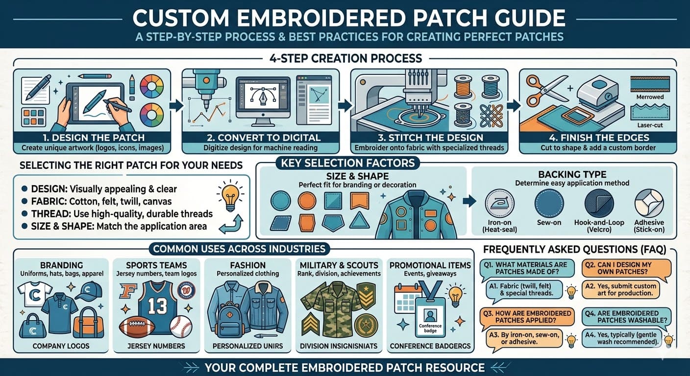 Embroidered patches are a versatile and durable way to add custom designs to clothing, accessories, and promotional items. These patches are made by stitching thread into fabric to create vibrant, long-lasting designs that can be easily sewn or ironed onto various materials. Whether you're using embroidered patches for branding, fashion, or sports teams, they offer a unique touch to personalize your items. In this guide, we explore how embroidered patches are made, how to choose the best ones for your needs, and their common applications. Learn everything about creating, using, and caring for embroidered patches to enhance your personal style or business.